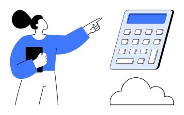 Bulut hesaplama, finansal yönetim, çevrimiçi araçlar, teknoloji entegrasyonu, eğitim, uzaktan çalışma. Bir bulut simgesinin üzerinde büyük bir hesap makinesini işaret eden bir kadın. Bulut hesaplama ve mali yönetim