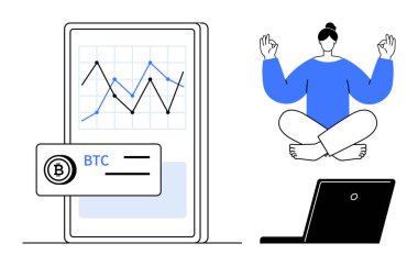 Finans, kripto para, farkındalık, uzak çalışma, dijital yaşam tarzı, ticaret. Akıllı telefondan BTC grafiği ve dizüstü bilgisayarın yanında meditasyon yapan biri. Kripto para birimi ve farkındalık