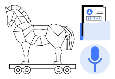 Çevrimiçi tehditler, veri sızıntısı koruması, kullanıcı kimliği, siber saldırı riskleri, dijital mahremiyet, güvenli kimlik doğrulaması. Geometrik Truva atı, kimlik klasörü ve mikrofon simgesi. Siber güvenlik ve veri