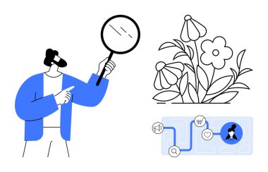 Veri analizi, araştırma, çevre bakımı, dijital bağlantı, yaratıcı beyin fırtınası, bilgi görselleştirme. Çiçeklerin ve dijital ikonların yanında büyüteç tutan kişi. Veri analizi