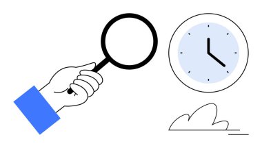 Zaman yönetimi vektör çizimi. Verimlilik, verimlilik, odaklanma, analiz, programlama. Saati gösteren bir büyüteç tutan bir el. Zaman yönetimi ve verimlilik kavramı