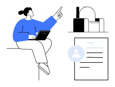 Uzaktan çalışma vektörü illüstrasyonu. Kullanıcı profilleri, çevrimiçi kimlik, dijital belgeler, teknoloji etkileşimi, çalışma alanı tasarımları. Dizüstü bilgisayarı işaret eden sandalye ve kullanıcı profili olan biri. Uzak çalışma