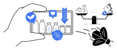 Tüketim konsepti. Tüketim görsel odağı online alışveriş, reklamlar ve ekolojik farkındalık. Tüketim, sürdürülebilir yaşam, çevre ve piyasa etkisiyle kesişiyor