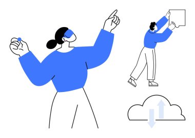 Bulut verileri üzerinde işbirliği yapan soyut karakterler aracılığıyla takım çalışması. Takım çalışması verimliliği, yeniliği ve büyümeyi teşvik eder. Takım çalışması, uzak ve dijital projeler sırasında yaratıcılığı artırır. Mükemmel.