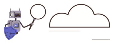 Siber güvenlik, veri koruması, yapay zeka, bulut hesaplama, dijital güvenlik, çevrimiçi izleme. Yapay zeka kalkanı ve bir bulut simgesinin yanında büyüteç olan robot. Siber güvenlik ve veri