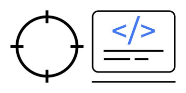 Web geliştirme, kodlama, hedef, hassasiyet, teknoloji, programlama. Kodlama arayüzünün yanında dairesel hedef simgesi. Web geliştirme ve kodlama için mükemmel