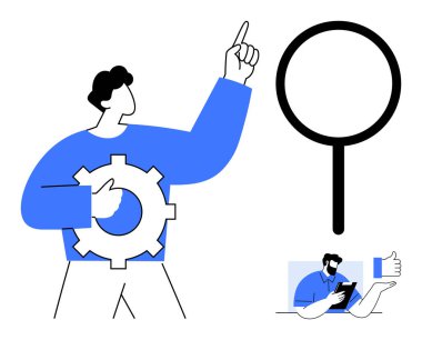 Teknoloji, problem çözme, yenilik, araştırma, profesyonel gelişim, dijital araçlar. Teçhizat tutan, büyüteçle yukarıya bakan ve tablet kullanan bir kişi. Teknoloji