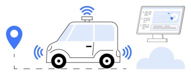 Gelecekteki hareketlilik, akıllı ulaşım, teknolojik yenilik, veri analizi, navigasyon sistemleri, GPS izleme. Kablosuz sinyalleri, konum şifresi ve veri ekranı olan otomatik çalışan bir araba. Gelecek.