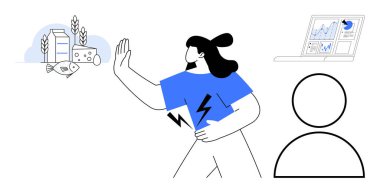 Gıda alerjileri, diyet kısıtlamaları, sağlık yönetimi, alerjik reaksiyonlar, beslenme takibi, yaşam tarzı seçimleri. Kadın gıda alerjilerinden, analitik gösterge panelinden ve insan ikonundan kaçınıyor. Yiyecek alerjisi.