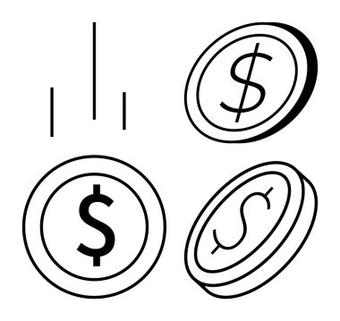 Finans, para işlemleri, yatırımlar, para birimi, iş büyümesi, zenginlik. Değişik yönleri ve basit çizgi sanatı olan siyah ve beyaz para simgeleri. Finans ve para işlemleri kavramı