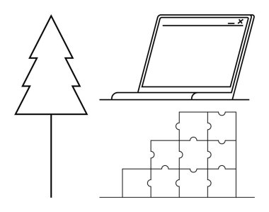 Teknoloji teması. Sorun çözmede dijital dizüstü bilgisayar penceresi, ağaç doğası ve bulmaca bloklarının birleşimi. Doğa ve yaratıcılığı birbirine bağlayan teknoloji. Uygulamalar, sürdürülebilirlik ve problem için mükemmel