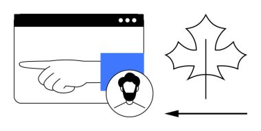 Dijital arayüz kavramı. Dijital elementler el hareketi, profil simgesi ve akçaağaç yaprağı sembollü ok gösteriyor. İletişim, kimlik, navigasyon ve kültür boyunca dijital trendler. Online için