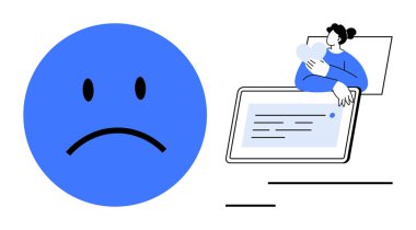 Üzüntü konsepti. Mavi üzgün yüz simgesi, dijital tabletle etkileşime geçen bir kadının yanında duygu taşıyor. Üzüntü görsel tasarım ile gösterilir. Ruh sağlığı, duygular, sosyal medya için