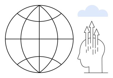 Küresel düşünce. Küre sembolü, kafa hatları ve yukarı doğru ok yeniliği ve küresel zihniyet. Eğitim, sürdürülebilirlik, teknoloji, yaratıcılık ve iş stratejilerinde küresel düşünce