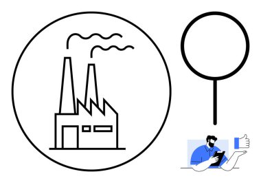 Çevresel etki, endüstriyel süreçler, dijital iletişim, teknoloji, onay, mobil etkileşim. Dumanlı bir fabrika, büyüteç kullanıcısı elinde bir telefon tutuyor. Çevresel