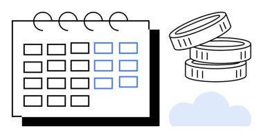 Finansal yönetim, bütçe planlaması, zaman yönetimi, tasarruf, yatırım hedefleri, iş programları. Bir takvim, bozuk paralar ve bir bulut. Mali yönetim ve bütçe planlaması