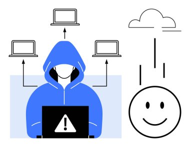 Siber güvenlik kavramı. Uyarı alarmı, bulut hesaplama ve ağ bağlantıları olan bir hackerdan siber güvenlik. Siber güvenlik güvenli verileri sağlar ve ihlalleri önler. Teknoloji, bilgi işlem, mahremiyet