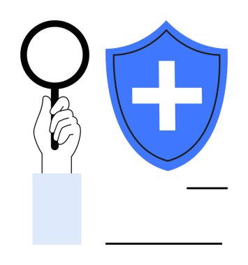 Sağlık, kimlik doğrulama, çevrimiçi güvenlik, tıbbi hizmetler, güvenlik, dijital sağlık. Tıbbi haçla işaretlenmiş bir kalkanın yanında büyüteç tutan el. Kimlik doğrulaması