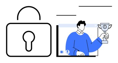 Kilit sembolü ve elinde kupa tutan adam siber güvenliği, çevrimiçi tanımayı ve güvenli iletişimi temsil ediyor. Gizlilik, ödüller, dijital kimlik koruma temaları için ideal