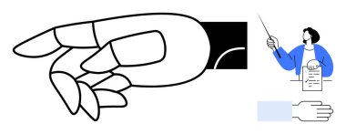 Bir öğretmenin yanında, bir belgeyi işaret ile açıklayan robot el hareketleri. Takım çalışması, teknoloji, eğitim, yenilik, eğitim, rehberlik ve otomasyon için ideal. Basit düz metafor