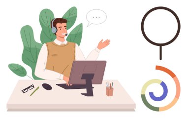 Müşteri hizmetleri, online danışmanlık, iş iletişimi, uzaktan çalışma, kurumsal eğitim, veri analizi. Masasında kulaklığı olan bir adam konuşurken el kol hareketi yapıyor. Müşteri hizmetleri ve online