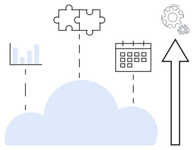 İş stratejisi, veri yönetimi, bulut teknolojisi, üretkenlik araçları, iş akışı optimizasyonu, büyüme. Çubuk grafikli bulut, bulmaca parçaları takvim dişlileri ve yukarı doğru ok. Veri yönetimi