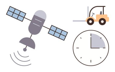 Tedarik zinciri, teknoloji, lojistik, endüstriyel işlemler, zaman yönetimi, küresel izleme. Uydu sinyalleri, forklift ve saat yayıyor. Lojistik ve teknoloji anahtar çözümler