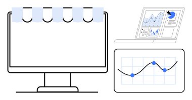 Veri analizi, iş büyümesi, ekommerce, teknoloji, pazarlama, finansal trendler. Kubbeli monitör, dizüstü bilgisayarda grafikler ve tablet ekranlar. Veri analizi ve iş büyüme kavramı