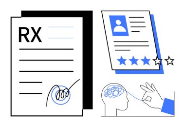 İmzalı tıbbi reçete, dereceli profesyonel profil incelemesi ve beyin odaklama konsepti. Sağlık, kariyer değerlendirmesi, profesyonellik, zihin odağı, zihin sağlığı, geri bildirim için ideal