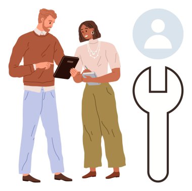 İş ekibi çalışması, iletişim, hizmet, işbirliği, iş gücü, problem çözme. İki meslektaş, büyük bir anahtar ve kullanıcı simgesinin yanında notları tartışıyor. İş takım çalışması ve servis kavramı