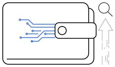 Dijital ödemeler, fintech çözümler, online işlemler, veri güvenliği, e-ticaret, teknoloji. Devreli, oklu ve büyüteçli bir cüzdan. Dijital ödemeler ve fintech çözümler iyonu