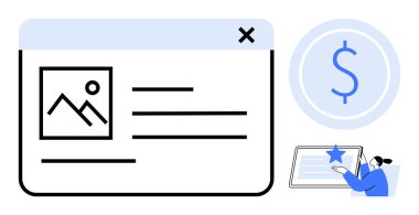 E-ticaret, web geliştirme, çevrimiçi alışveriş, müşteri değerlendirmesi, ödeme süreci, dijital etkileşim. Bir web sayfası düzeni, dolar sembolü ve kullanıcı tabletle etkileşimi. E-ticaret ve İnternet