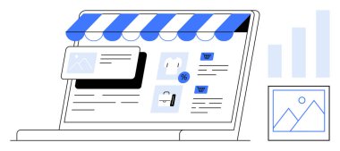 E-ticaret konsepti. E-ticaret platformu vitrinlerinde vitrin tasarımı, alışveriş arabası ve analitik ürünler var. E-ticaret şirketleri çevrimiçi satış ve büyüme için güçlendirir. Pazarlama için harika.