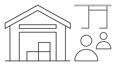 Lojistik, depolama, tedarik zinciri, envanter, ekip çalışması, depo operasyonları. Minimalist çizgiler, kutularla dolu bir depoyu ve iki insan figürünü gösteriyor. Lojistik ve depolama kavramı