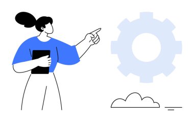 İşlem yönetimi. Bir iş kadını vites ikonu yönetim, takım çalışması ve yeniliğe işaret ediyor. İş dünyasında işlem yönetimi, iş akışı ve stratejik planlama. Teknoloji için