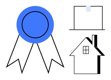 Başarı, sertifika, mülkiyet, kayıt tutma, ev belgeleri, başarı. Mavi bir kurdele, bir klasör ve bir ev taslağı içeriyor. Başarı ve sertifika vurgulandı