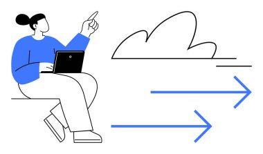 Bulut bilgisayarı, veri transferi, dijital iletişim, teknoloji, uzaktan çalışma, gelecekteki bağlantı. Bulut ve okların yanında dizüstü bilgisayarı olan biri oturuyor. Bulut hesaplama ve veri transfer kavramı