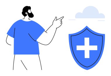 Siber güvenlik, veri koruması, bulut depolama, dijital güvenlik, çevrimiçi güvenlik, bulut bilgisayarı. Elinde haç ve bulut olan bir kalkana doğru hareket eden biri. Siber güvenlik ve veri koruma kavramları