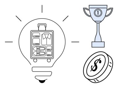 Seyahat konsepti. Verimli paketleme, hedef başarısı ve mali yönetim konularında valiz, kupa ve madeni para ile seyahat ettim. Seyahat hazırlığı, kariyer başarısı, strateji turizmi tasarrufu