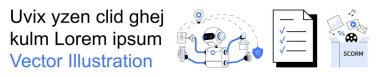 E-öğrenme, yapay zeka, dijital eğitim, SCORM uyumu, teknoloji entegrasyonu, eğitim modülleri. Aletler ve kontrol listesi simgesi ile çevrili bir robot. E-öğrenme ve yapay