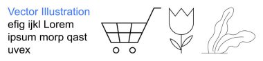 Perakende tasarımı, ekommerans, sürdürülebilirlik, doğa, minimalizm, markalaşma. Bir alışveriş arabası çizgisi, çiçek ve yapraklar siyah beyaz. Perakende tasarımı ve sürdürülebilirlik kavramları