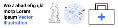 İş stratejisi, dijital bağlantı, sağlık, yenilik, profesyonel hizmetler, takım çalışması. Bir at satranç taşı, bir ağ şeması ve haçlı bir sağlık çantası. İş stratejisi
