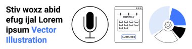 Medya, işletme yönetimi, abonelik hizmetleri, veri analizi, ses kaydı, teknoloji. Mikrofon simgesi, aboneli takvim ve dişli pasta grafiği. Medya ve iş yönetimi