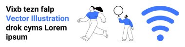 İki animasyon karakteri, biri koşuyor ve diğeri de büyük mavi bir kablosuz sembolün yanında balon parmaklı bir daire tutuyor. Ağ, bağlantı, kablosuz teknoloji ve iletişim için ideal
