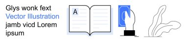 Eğitim, okuma, yaratıcılık, öğrenme, kişisel gelişim, soyut tasarım. Metin, el ele tutuşma kartı ve soyut bitkilerle kitabı aç. Modern tasarımda eğitim ve yaratıcılık