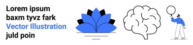 Mavi çiçekli, beyin simgesi ve balonu basit bir şekilde tutan kişi. Yaratıcılık, eğitim, büyüme, psikoloji, farkındalık, yenilik için ideal basit iniş sayfası