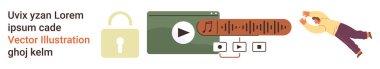 Dijital güvenlik, multimedya yayını, veri gizliliği, çevrimiçi paylaşım, ses kontrolü, içerik oluşturma. Bir kilit, oynat düğmesi ses dalgası ve sembolleri çeken biri. Dijital güvenlik ve çokluortam