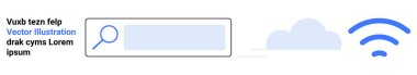 Dijital teknoloji, çevrimiçi arama, bulut hesaplama, internet hizmetleri, kablosuz bağlantı, veri transferi. Arama çubuğu, bulut simgesi ve kablosuz sinyal çizimi. İnternet hizmetleri ve bulut