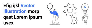 Elinde boş bir konuşma balonu tutan kişi, yanında yenilik, yaratıcılık, takım çalışması, problem çözme, işbirliği, beyin fırtınası ve finansal büyümeyi temsil eden bir ampul ile birlikte. İdeal