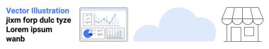 Bulut, grafik ve çizelgeli analitik gösterge paneli ve bir dükkan cephesi çizimi. Ticari büyüme, veri takibi, perakende, e-ticaret, pazarlama, bulut depolama basit iniş sayfası için ideal
